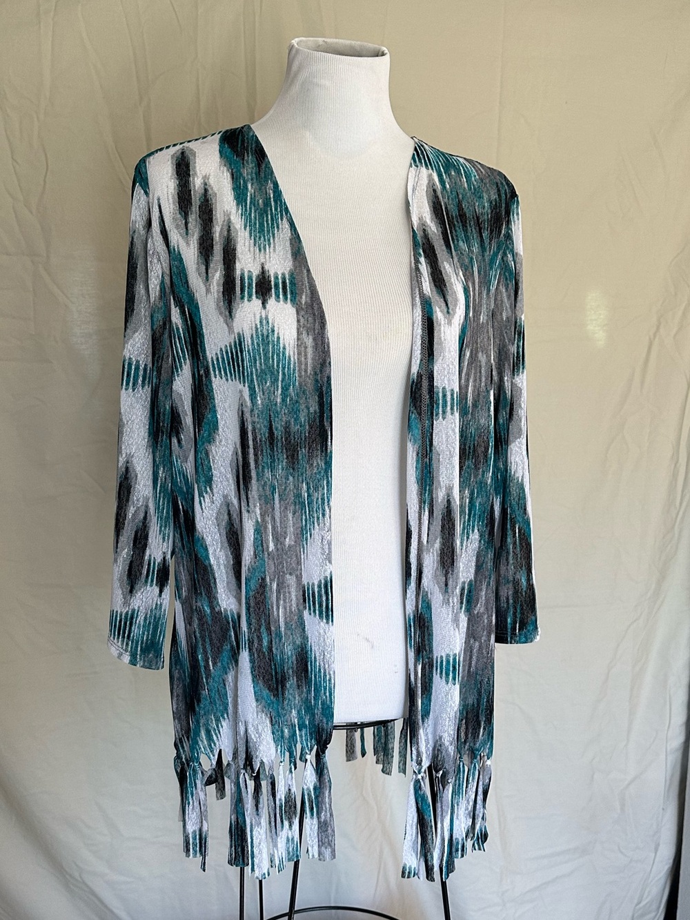Chico's Teal, Gray & White Abstract Fringe Open-Front Cardigan EasyWear size 2 L